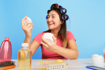 Image showing Portrait of young caucasian woman in her beauty day and skin care routine