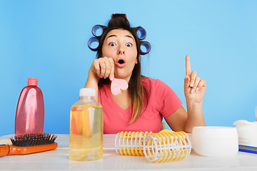 Image showing Portrait of young caucasian woman in her beauty day and skin care routine