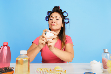 Image showing Portrait of young caucasian woman in her beauty day and skin care routine