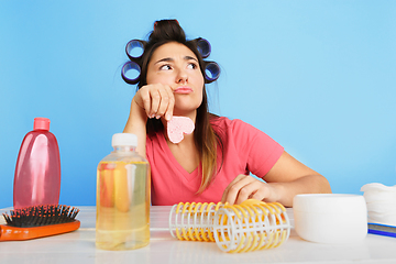 Image showing Portrait of young caucasian woman in her beauty day and skin care routine