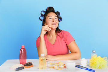 Image showing Portrait of young caucasian woman in her beauty day and skin care routine