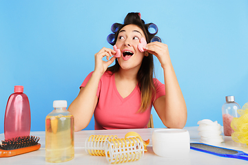 Image showing Portrait of young caucasian woman in her beauty day and skin care routine