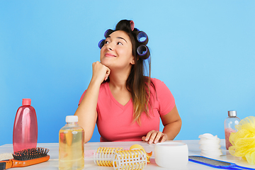 Image showing Portrait of young caucasian woman in her beauty day and skin care routine