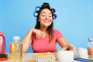 Image showing Portrait of young caucasian woman in her beauty day and skin care routine