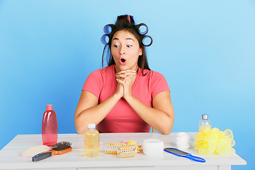 Image showing Portrait of young caucasian woman in her beauty day and skin care routine