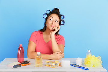 Image showing Portrait of young caucasian woman in her beauty day and skin care routine