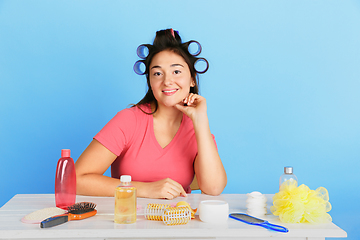 Image showing Portrait of young caucasian woman in her beauty day and skin care routine