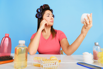 Image showing Portrait of young caucasian woman in her beauty day and skin care routine