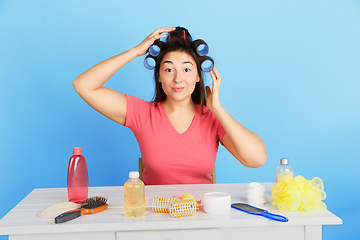 Image showing Portrait of young caucasian woman in her beauty day and skin care routine