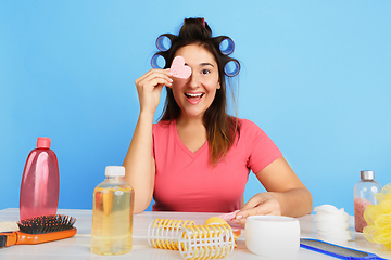 Image showing Portrait of young caucasian woman in her beauty day and skin care routine