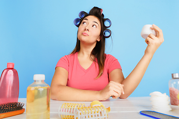 Image showing Portrait of young caucasian woman in her beauty day and skin care routine