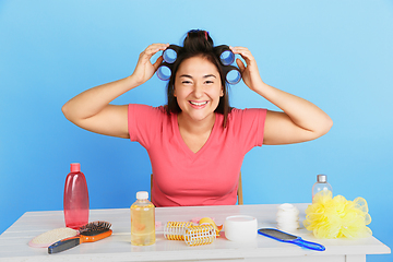 Image showing Portrait of young caucasian woman in her beauty day and skin care routine