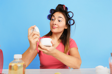 Image showing Portrait of young caucasian woman in her beauty day and skin care routine