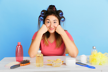 Image showing Portrait of young caucasian woman in her beauty day and skin care routine