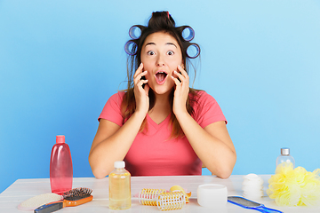 Image showing Portrait of young caucasian woman in her beauty day and skin care routine