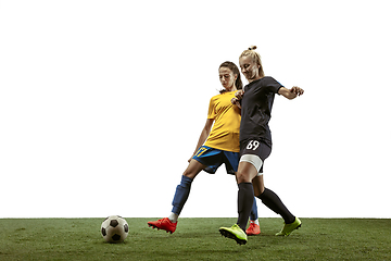 Image showing Female soccer players practicing and training at the stadium