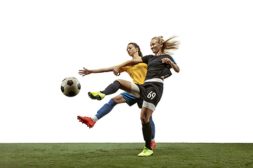 Image showing Female soccer players practicing and training at the stadium