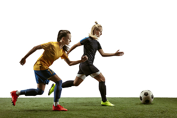 Image showing Female soccer players practicing and training at the stadium