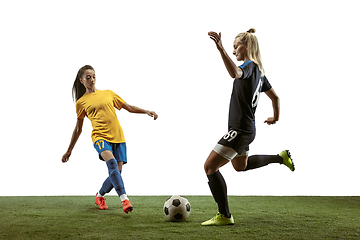 Image showing Female soccer players practicing and training at the stadium