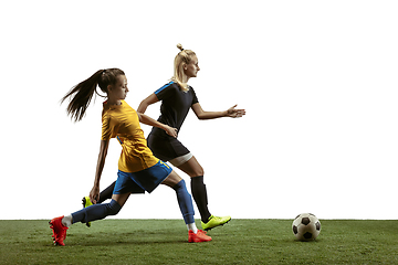 Image showing Female soccer players practicing and training at the stadium