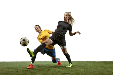 Image showing Female soccer players practicing and training at the stadium