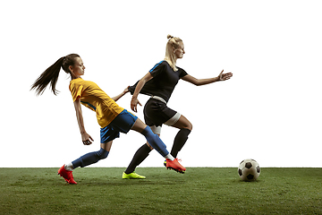 Image showing Female soccer players practicing and training at the stadium