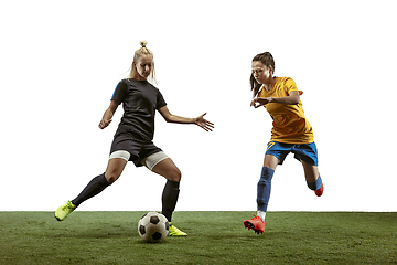 Image showing Female soccer players practicing and training at the stadium