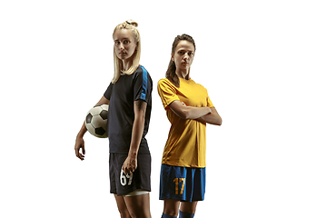 Image showing Female soccer players practicing and training at the stadium