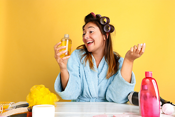 Image showing Portrait of young caucasian woman in her beauty day and skin care routine