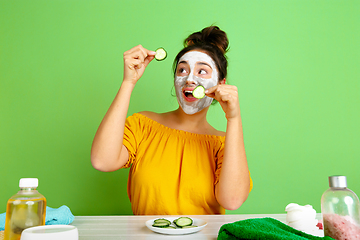 Image showing Portrait of young caucasian woman in her beauty day and skin care routine