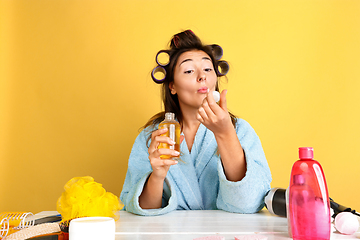 Image showing Portrait of young caucasian woman in her beauty day and skin care routine