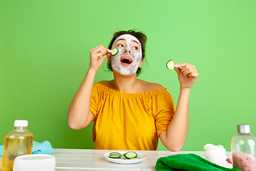 Image showing Portrait of young caucasian woman in her beauty day and skin care routine