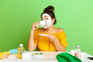 Image showing Portrait of young caucasian woman in her beauty day and skin care routine