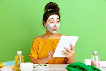 Image showing Portrait of young caucasian woman in her beauty day and skin care routine