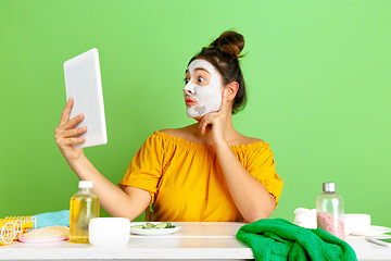 Image showing Portrait of young caucasian woman in her beauty day and skin care routine