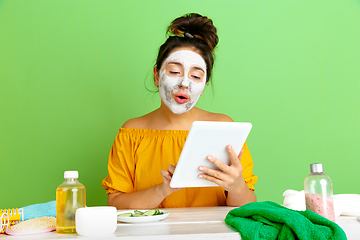 Image showing Portrait of young caucasian woman in her beauty day and skin care routine