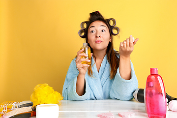 Image showing Portrait of young caucasian woman in her beauty day and skin care routine