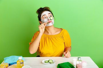 Image showing Portrait of young caucasian woman in her beauty day and skin care routine