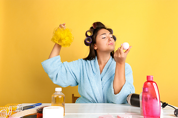 Image showing Portrait of young caucasian woman in her beauty day and skin care routine