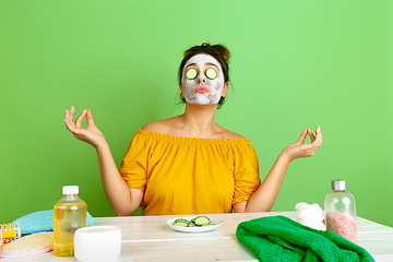 Image showing Portrait of young caucasian woman in her beauty day and skin care routine