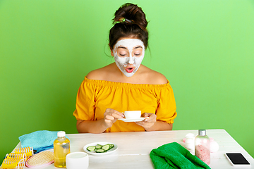 Image showing Portrait of young caucasian woman in her beauty day and skin care routine