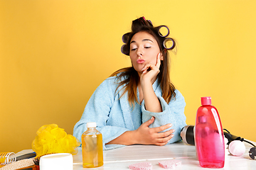 Image showing Portrait of young caucasian woman in her beauty day and skin care routine