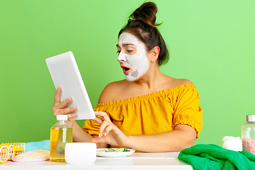 Image showing Portrait of young caucasian woman in her beauty day and skin care routine