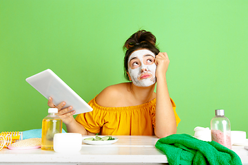 Image showing Portrait of young caucasian woman in her beauty day and skin care routine