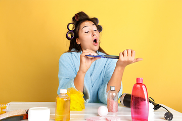 Image showing Portrait of young caucasian woman in her beauty day and skin care routine