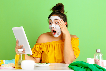 Image showing Portrait of young caucasian woman in her beauty day and skin care routine