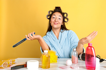 Image showing Portrait of young caucasian woman in her beauty day and skin care routine