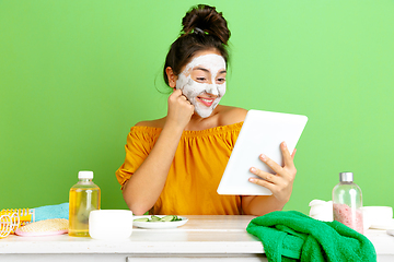 Image showing Portrait of young caucasian woman in her beauty day and skin care routine