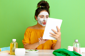 Image showing Portrait of young caucasian woman in her beauty day and skin care routine