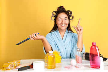 Image showing Portrait of young caucasian woman in her beauty day and skin care routine